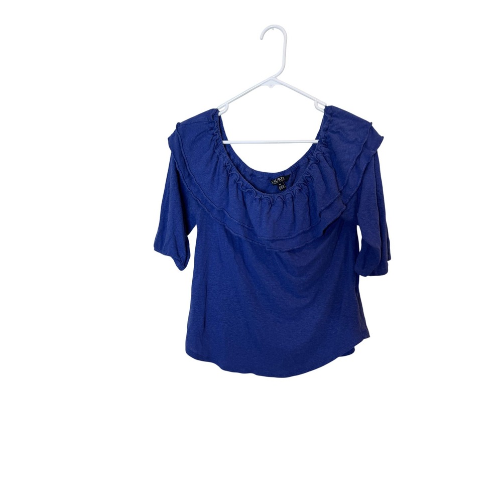 Lauren Ralph Lauren Shirt‎ Womens Medium Blue Linen Blend Ruffle Peasant Top